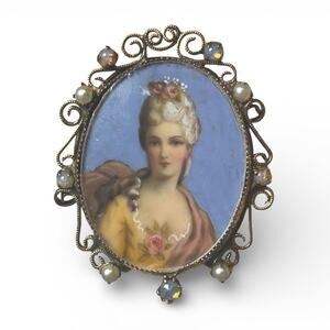 Vintage Original by Robert Hand Painted Lady Miniature Pendant Brooch